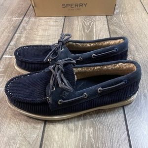 Sperry Top Sider Navy Blue Corduroy Sherpa Lined Boat Shoes Men’s Size 8 M